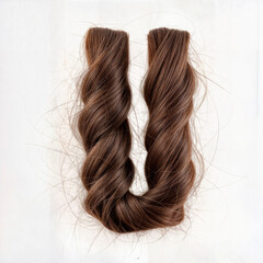 Letter U made of hair. A beautifully woven, glossy, reddish-brown braid. Smooth strands form a thick, intricate design, highlighting silky texture and shine for a healthy, stylish look.