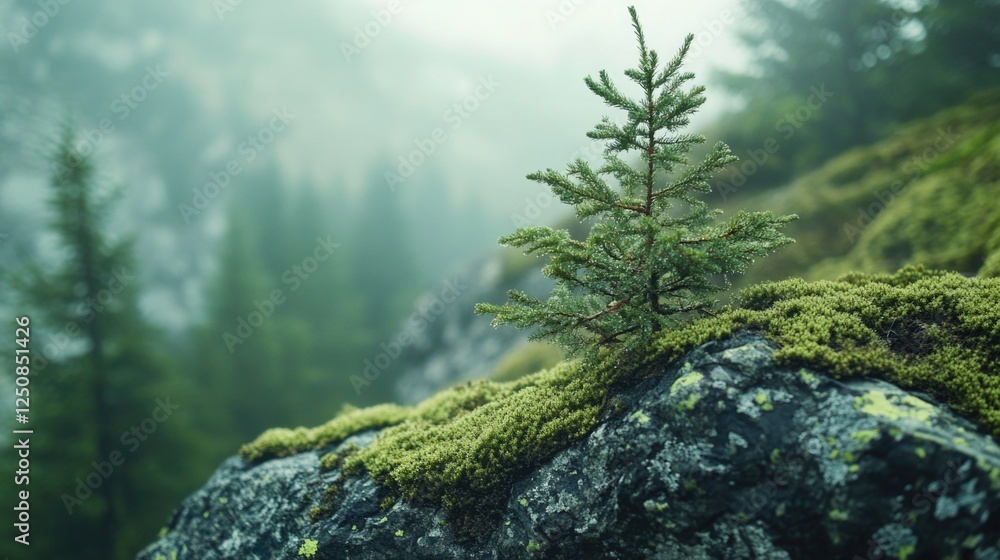 Poster a small tree grows out of the cracks on a rocky surface