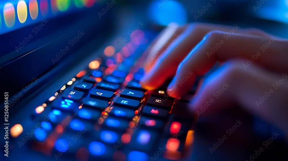Poster Closeup view of a hand typing on a glowing keyboard in a dark environment showcasing technology and gaming : Generative AI
