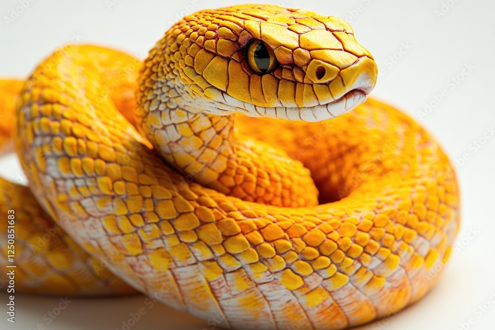Poster a close-up view of a yellow snake's head and body on a white background