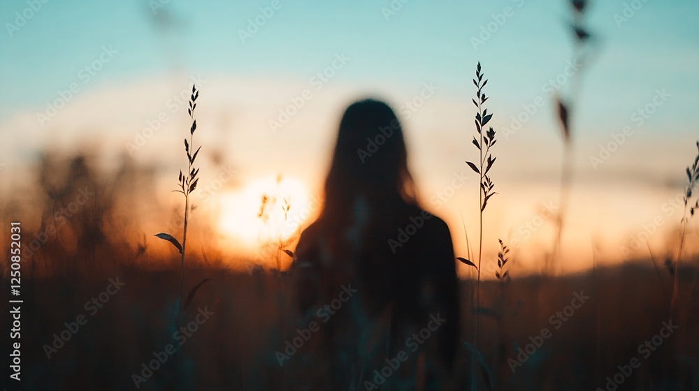 Aufkleber silhouetted figure against a scenic sunset with tall grass gently swaying in the breeze : generative
