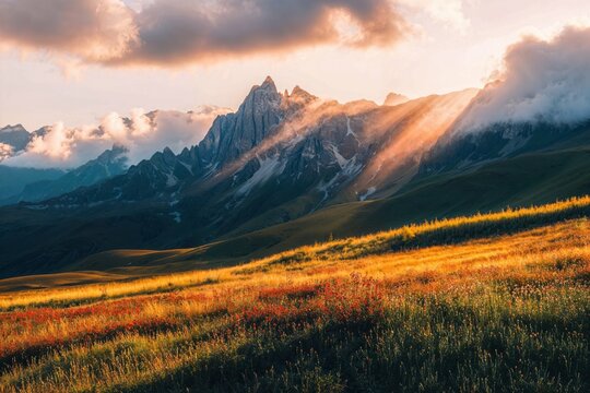Golden Sunrise Over Mountain Range in Morning Mist