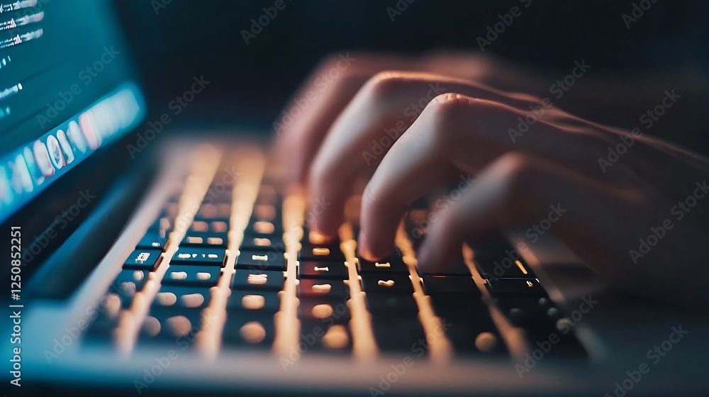 Poster Focused fingers typing code on laptop with soft glow of keyboard in low light : Generative AI