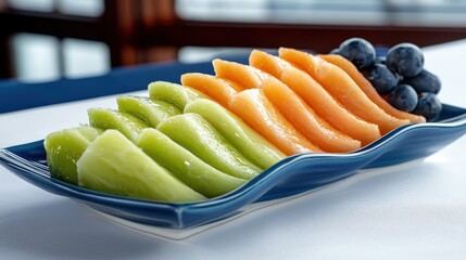 A vibrant assortment of sliced melons and blueberries presented on a sleek blue dish, ideal for health and wellness promotions, culinary blogs, or summer event advertisements,