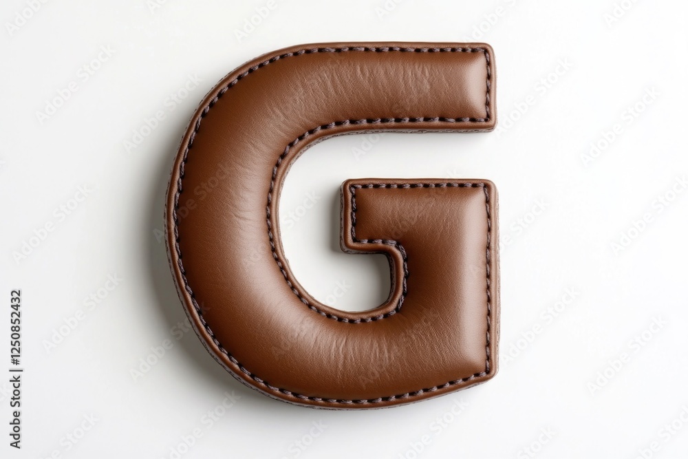 Poster a close-up of a brown leather letter 'g' on a white surface, ideal for use in branding or design pro