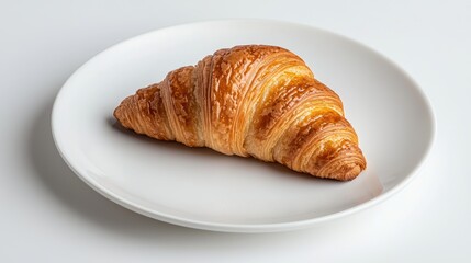 A freshly baked croissant rests elegantly on a white plate, showcasing its golden, flaky layers, Ideal for food blogs, menus, or marketing materials related to bakeries and pastry goods,