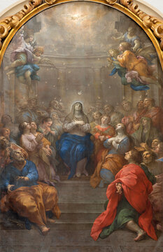 PERUGIA, ITALY - MAY 16, 2024: The painting of Pentecost in the church Chiesa di Santo Spirito by Lazzaro Baldi (1624-1703)