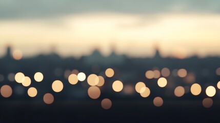 Blurred cityscape at dusk with glowing lights and soft colors in the background