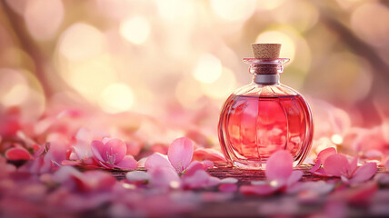 bottle of pink perfume with flowers