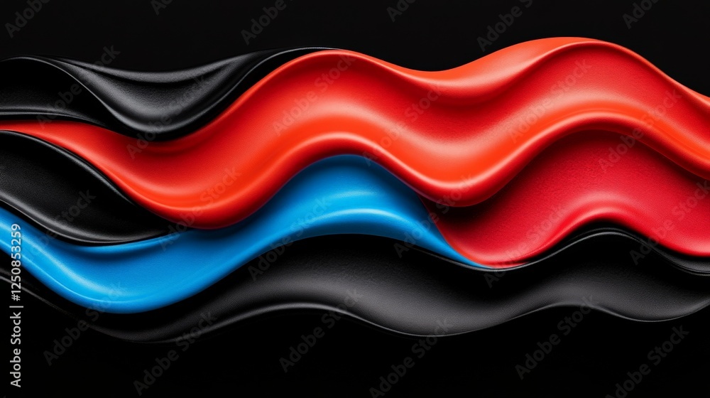 Poster abstract waves of color: three vibrant waves of red, blue, and black flow across a dark background, 