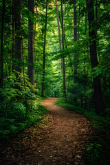 Fototapeta premium Tranquil Pathways: A Peaceful Walk Through Serene Forest Trails Touched by Gentle Sunlight