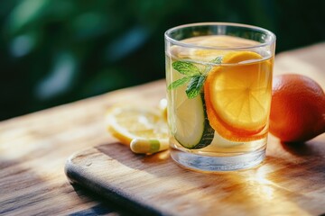 Fototapeta premium A refreshing cup of tea with sliced oranges and fresh mint leaves