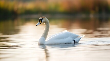 Fototapeta premium Elegant swan gliding gracefully across a shimmering lake during the golden hour of sunset : Generative AI