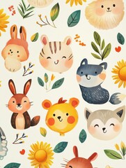 Fototapeta premium Colorful cartoon pattern featuring cute animals and sunny faces on a light background