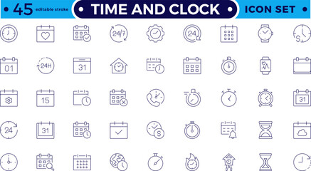 Time icon set. Timer, alarm, schedule, hourglass, clock icons. Outline time and clock icon collection. Editable stroke outline icon.
