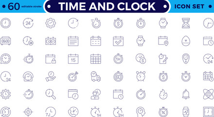 Time icon set. Timer, alarm, schedule, hourglass, clock icons. Outline time and clock icon collection. Editable stroke outline icon.

