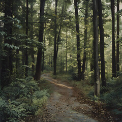 Fototapeta premium Tranquil Pathways: A Peaceful Walk Through Serene Forest Trails Touched by Gentle Sunlight