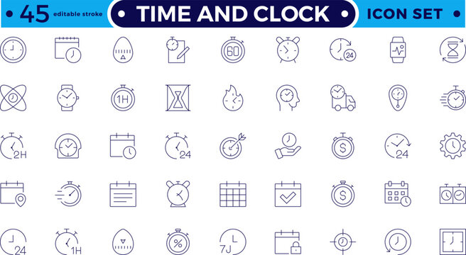 Time icon set. Timer, alarm, schedule, hourglass, clock icons. Outline time and clock icon collection. Editable stroke outline icon.
