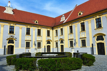 Courtyard of Mariahimmelfahrt church in the village of Durnstein in Wachau Valley, Austria
