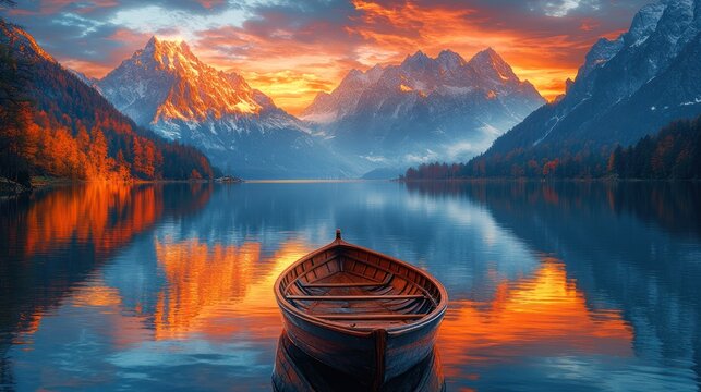 Serene sunset lake boat, mountain reflection
