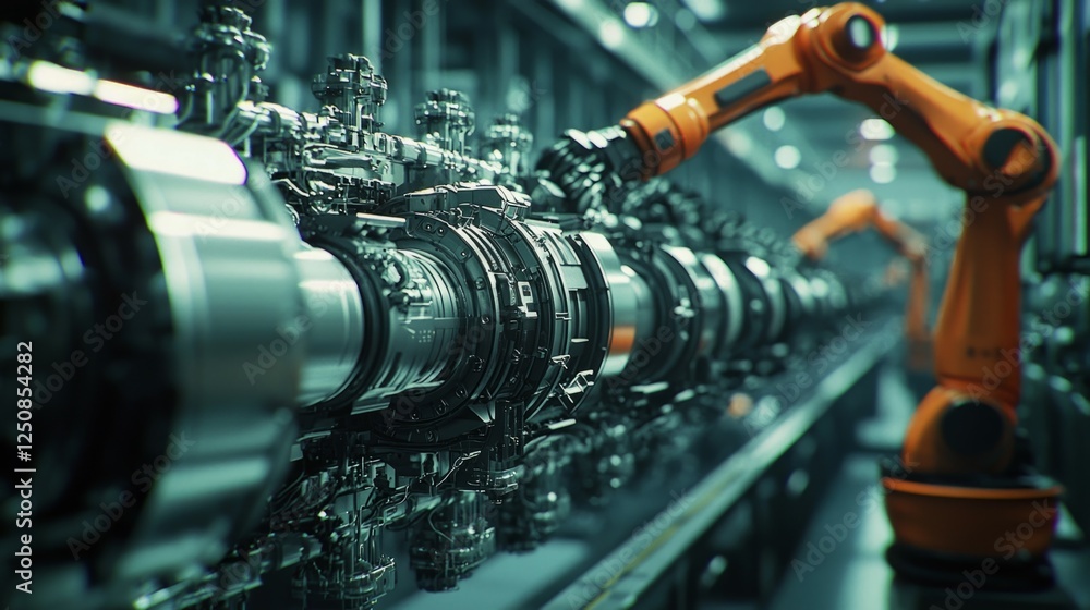 Poster industrial robot arm working on engine components in factory setting