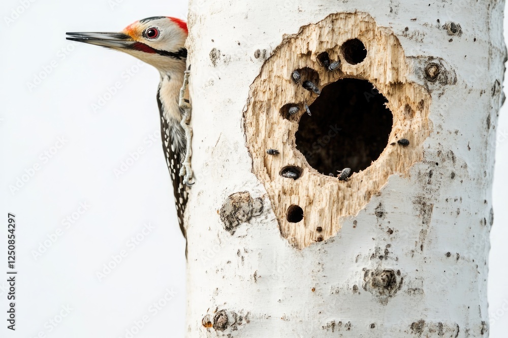 Aufkleber a woodpecker poking its head out of a hole in a tree trunk