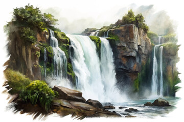 Fototapeta premium Majestic waterfall scenery, lush green landscape, serene nature view, vibrant watercolor style, peaceful outdoor setting.