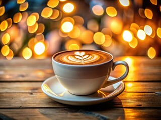 Creamy latte art in a bokeh coffee shop setting; blurred background enhances the coffee cup's focus.