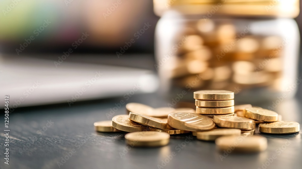 Fototapete Stack of shiny gold coins in front of a glass jar filled with more coins representing wealth and savings : Generative AI