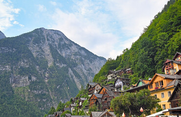 Mountain and old houses in Hallstatt village landscape