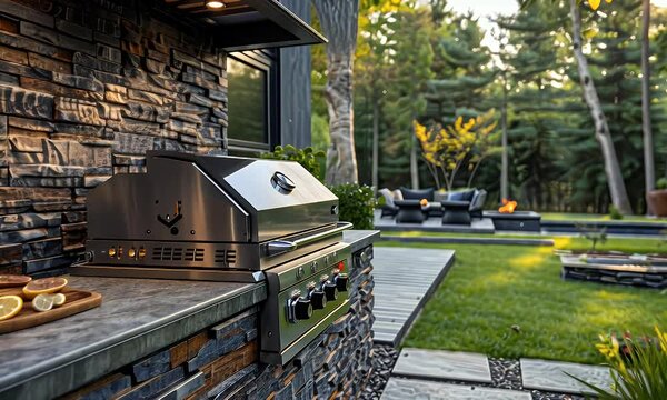 Outdoor kitchen grilling patio sunset backyard luxury