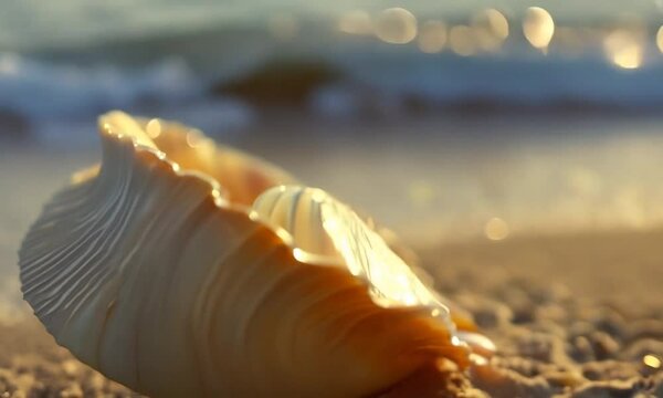 Close-up shot of a seashell lying on a sandy beach with the ocean waves gently lapping in the background. The camera focuses on the intricate details of the shell and the shimmering sunlight