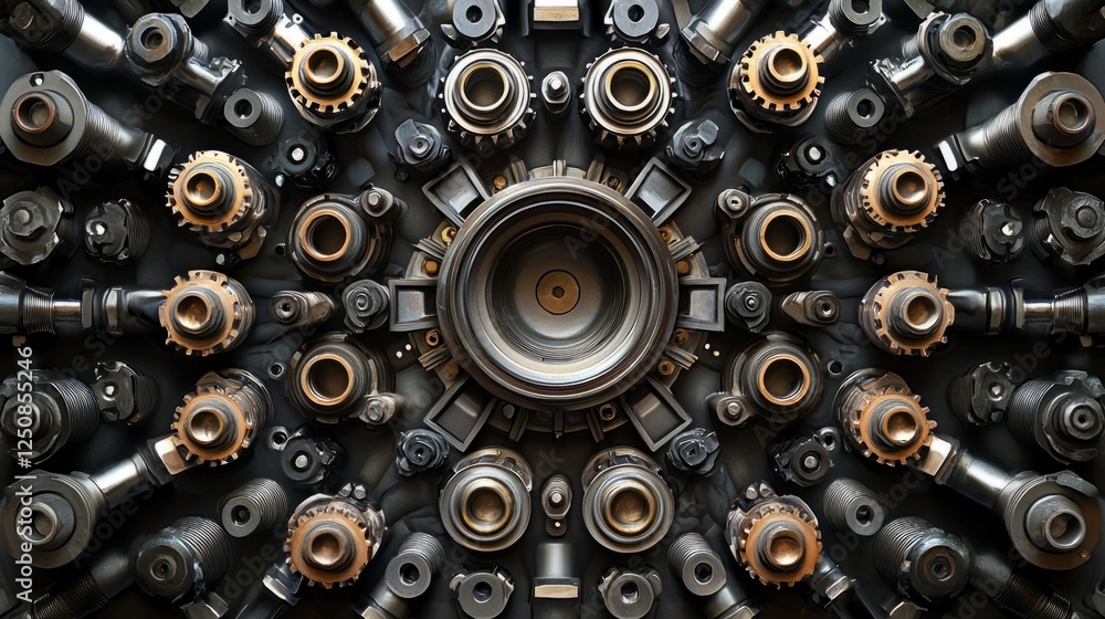 Poster abstract arrangement of mechanical gears and components in circle