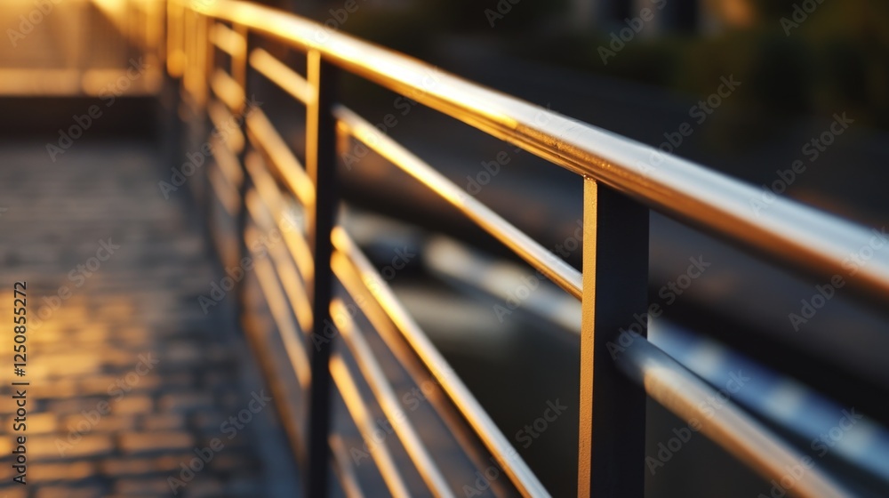 Poster Close-up of a railing with a street scene in the background, suitable for use in urban or cityscape contexts