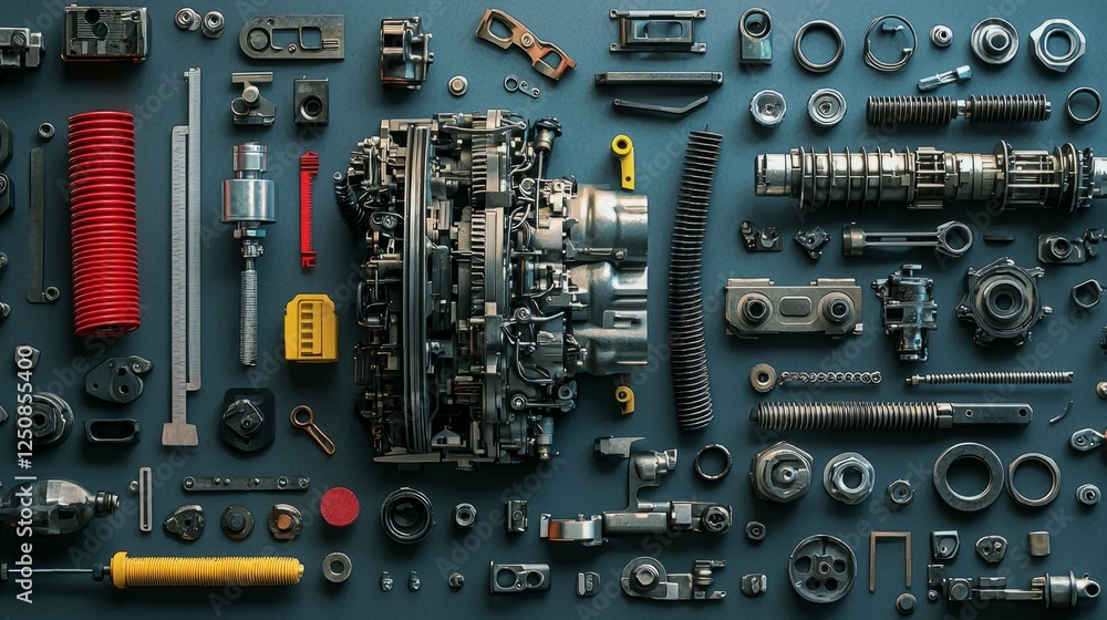 Poster flat lay composition of engine parts and mechanical components layout
