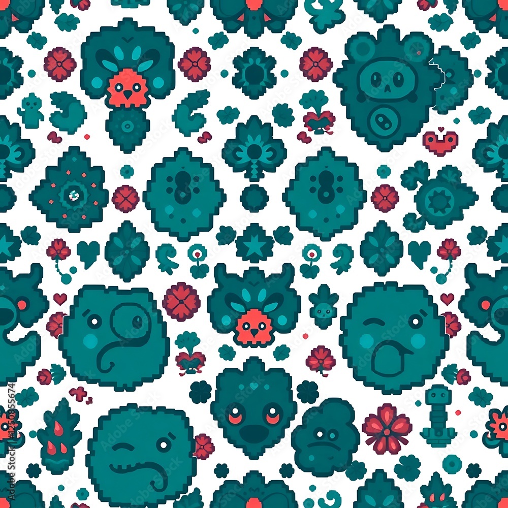 Poster pixelated floral delight: a playful pixelated pattern featuring a vibrant green and red color scheme