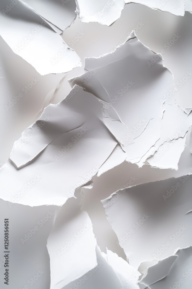 Poster A messy pile of torn white paper on a table, suitable for representing chaos or disorganization in various contexts