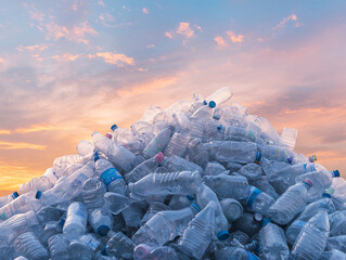 dramatic shot of mountain of squashed water bottles against colorful sunset sky, highlighting environmental impact of plastic waste