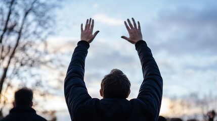 Man with Arms Raised Against a Dramatic Cloudy Sunset Sky : Generative AI