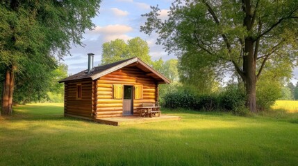 Fototapeta premium cabin, wood, log, field, nature, rural, landscape, tree, grassy, outdoors, scenery, home, building, architecture, country, tranquil, small, retreat, shelter, scenic, escape, peaceful, idyll, environme