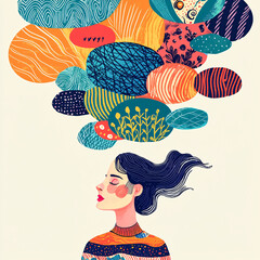 Abstract surreal illustration of a person with colorful thought bubbles and geometric patterns representing creativity and imagination