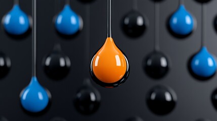 Orange Drop in the Crowd: A single vibrant orange drop hangs amongst numerous black and blue drops, creating a striking visual contrast and suggesting themes of individuality, difference.