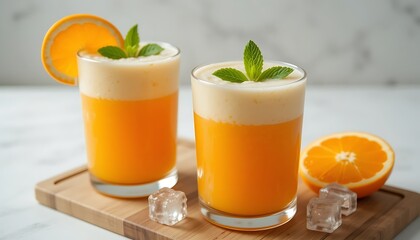 Refreshing citrus cocktails served on a wooden board with fresh orange slices and mint leaves during a sunny afternoon. Generative AI