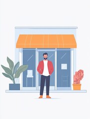 A flat design illustration depicting a small business owner proudly standing in front of their new storefront. The minimalist background showcases the simplicity and excitement of launching a new