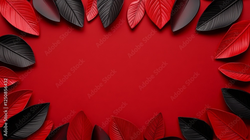 Poster elegant foliage border: an artistic display of black and red leaves elegantly frames a vibrant red b