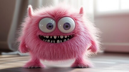 Fototapeta premium Cute pink furry monster 3D cartoon character