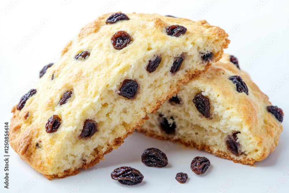 Poster a close-up view of a delicious-looking muffin with visible raisins