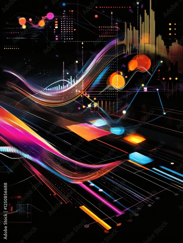 Poster abstract black background with colorful charts and graphs with statistics to innovative analyze busi