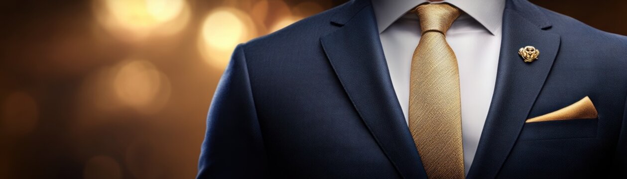 Stylish suit detail featuring a gold tie and lapel pin, perfect for conveying elegance and professionalism in business contexts, fashion blogs, or promotional materials,