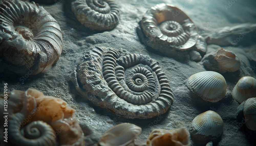 Poster ancient ammonite fossils and shells embedded in stone